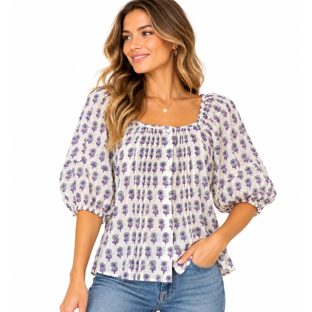 J.Crew XS Purple Floral Block Print Sequin Pintuck Puff Sleeve Blouse New